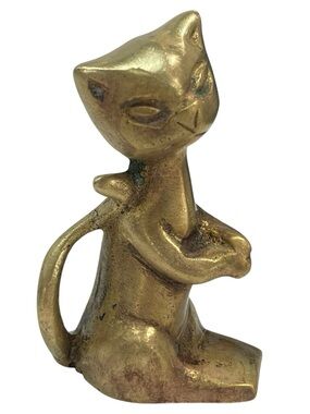 Vintage 1970s Miniature Solid Brass Cat Sculptures - Made in India